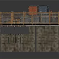 Industrial Platform Structure With Colored Crates Yellow Railings Circular Equipment And Stone Base