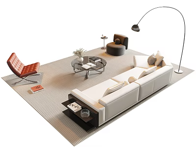 Modern White Sofa and Coffee Table Set with Rug Floor Lamp and Red Accent Chair 3d model