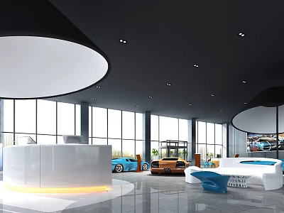 Modern Car Showroom Interior Design With Large Windows White Reception And Colored Cars 3d model