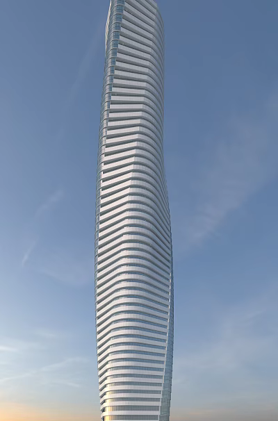 Modern Spiral Shaped Skyscraper With Glass Curtain Wall Against Blue Sky 3d model