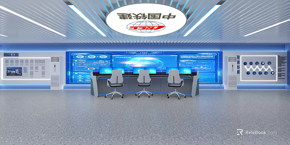 Interactive Technology Exhibition Hall With Large Screens Data Displays Workstations And CRCC Logo 3d model 