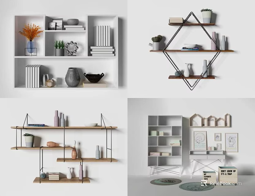 Modern Decorative Shelves Featuring Plants Books Vases and Framed Art Pieces 3d model 