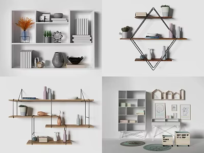 Modern Decorative Shelves Featuring Plants Books Vases and Framed Art Pieces 3d model