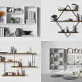 Modern Decorative Shelves Featuring Plants Books Vases and Framed Art Pieces