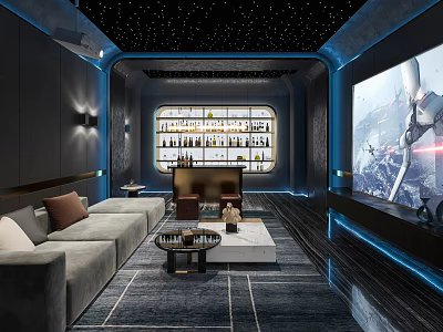 Modern Home Theater Interior Design with Starry Ceiling Large Screen Sofa and Wine Cabinet 3d model
