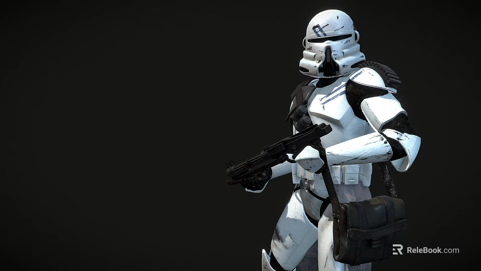 Man Wearing White Armor With Helmet Holding Weapon Carrying Backpack Against Dark Background 3d model 