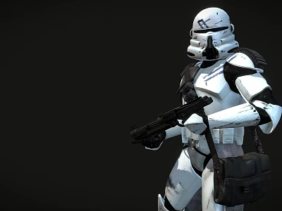 Man Wearing White Armor With Helmet Holding Weapon Carrying Backpack Against Dark Background 3d model