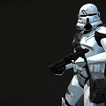 Man Wearing White Armor With Helmet Holding Weapon Carrying Backpack Against Dark Background