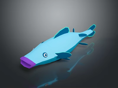 Cartoon Blue Fish Character with Purple Mouth Round Eyes and Blue Fins 3D Model Design 3d model