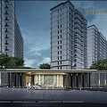 Hotel Main Entrance Design With High Rise Buildings Plaza Trees And Car