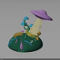 Playful 3D Scene With Green Base Pink Mushroom Yellow Stem Blue Trees And Colorful Bridge