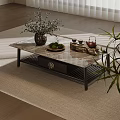 Elegant Coffee Table With Marble Top Potted Plant Tea Set Fruit Plate On Woven Rug