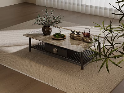 Elegant Coffee Table With Marble Top Potted Plant Tea Set Fruit Plate On Woven Rug 3d model