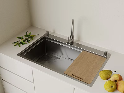 Stainless Steel Kitchen Sink with Faucet Wooden Cutting Board Pears Green Leaves in Modern Kitchen 3d model