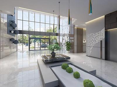 Modern Front Desk Reception Interior With Large Glass Windows Green Plants And Marble Flooring 3d model