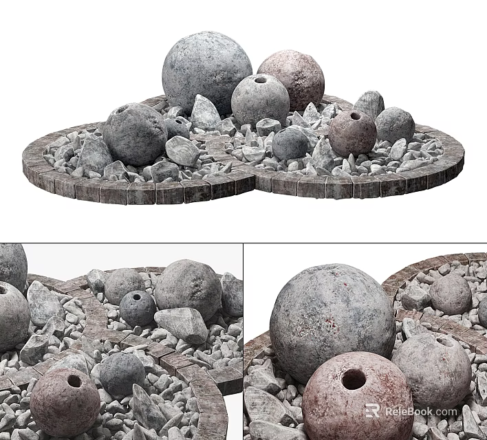 Natural Park Landscape Featuring Decorative Stone Balls Pebbles And Circular Design 3d model 