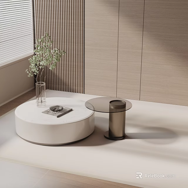 Round White Marble Coffee Table Set with Green Plant Magazine and Light Wood Wall 3d model 