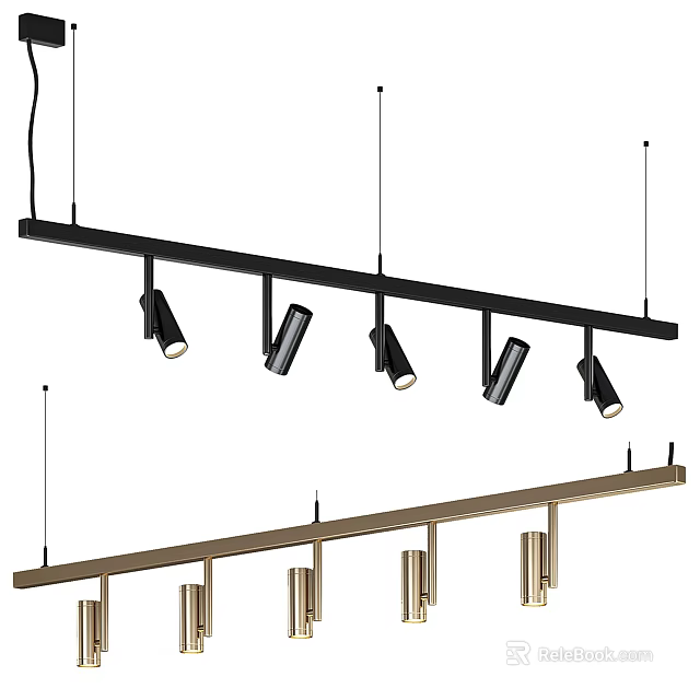 Modern Hanging Downlights and Spotlights With Multiple Lamp Heads Long Bar Black Gold Finish 3d model 