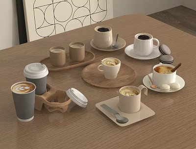 Assorted Coffee Drinks with Various Cups Trays Spoons and Macarons on Wooden Table 3d model