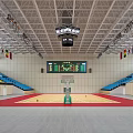 Modern Indoor Basketball Gymnasium With Blue and Yellow Seats Scoreboard Basketball Hoop And Hanging Flags