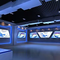 Modern Exhibition Hall Interior With Blue Lighting Multiple Display Screens And Glass Doors