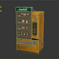Orange Commercial Vending Machine with Green Market Sign and Multiple Product Slots