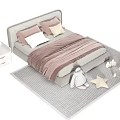 Cozy Gray Double Bed with Plush Toy Blocks Striped Ball and Soft Pillows on Rug