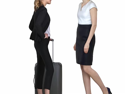 Two Women Standing One in Black Suit with Luggage Another in White Top Black Skirt 3d model
