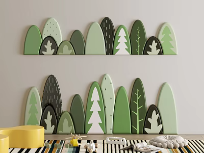 Nursery Wall Design With Green Black White Various Leaf Shaped Decorations 3d model