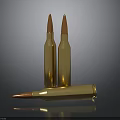 Weapon Ammunition Display With Three Golden Bullets Vertical And Lying Down On Dark Background