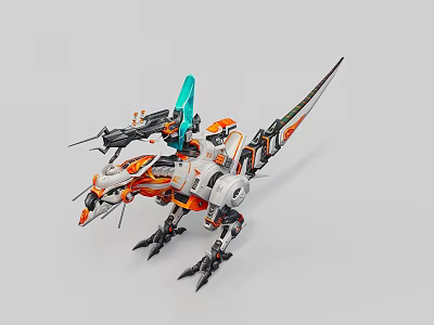Mechanical Dinosaur Character With Orange White Armor And Mechanical Weapon Wings Structure 3d model