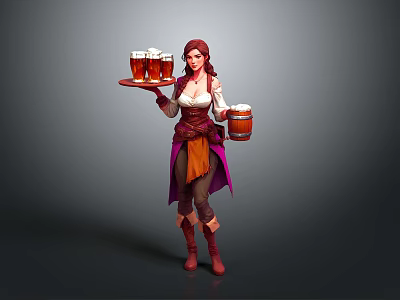 Fantasy Female Tavern Server Carrying Tray With Beer Mugs And Wooden Barrel 3d model