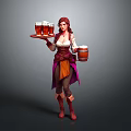 Fantasy Female Tavern Server Carrying Tray With Beer Mugs And Wooden Barrel