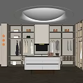 Modern Walk In Closet Interior Design With Central Dresser And Open Storage Cabinets