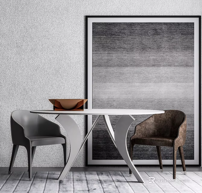 Modern White Round Dining Table Set With Gray and Brown Chairs Against Abstract Painting 3d model 