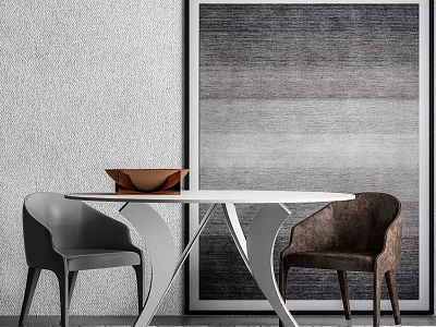 Modern White Round Dining Table Set With Gray and Brown Chairs Against Abstract Painting 3d model