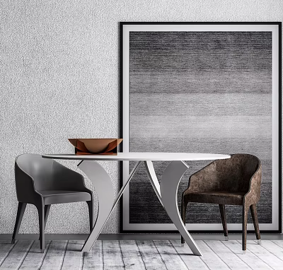 Modern White Round Dining Table Set With Gray and Brown Chairs Against Abstract Painting 3d model