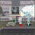 Traditional Urban Storefront With Glass Windows Chinese Signboard Outdoor Seating And Green Plants
