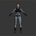 Futuristic Female Warrior Character in Armored Combat Suit Standing Against Gray Background