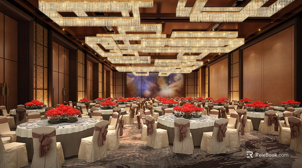 Elegant Banquet Hall Setup With Geometric Crystal Chandeliers Red Floral Centerpieces And Beige Bow Chairs 3d model 