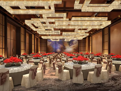 Elegant Banquet Hall Setup With Geometric Crystal Chandeliers Red Floral Centerpieces And Beige Bow Chairs 3d model