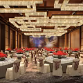 Elegant Banquet Hall Setup With Geometric Crystal Chandeliers Red Floral Centerpieces And Beige Bow Chairs