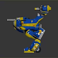 Blue And Yellow Lego Robot Model With Mechanical Legs Cannon And Spear