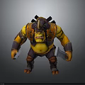 Angry Muscular 3D Monster Character In Orange Armor With Horns And Weapons