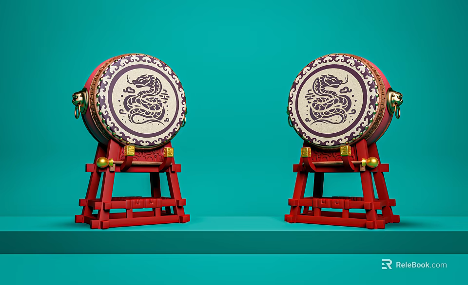 Artistic Musical Instruments Drums on Red Stands with Snake Dragon Patterns Against Teal Background 3d model 