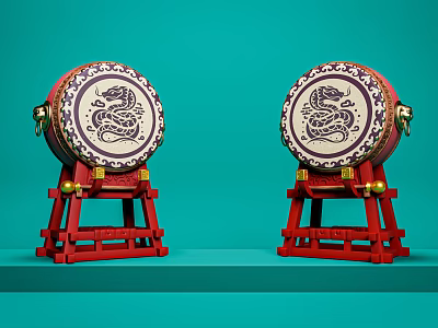 Artistic Musical Instruments Drums on Red Stands with Snake Dragon Patterns Against Teal Background 3d model