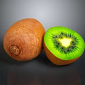 Whole and Halved Fresh Kiwi Fruit with Green Flesh Black Seeds on Dark Background