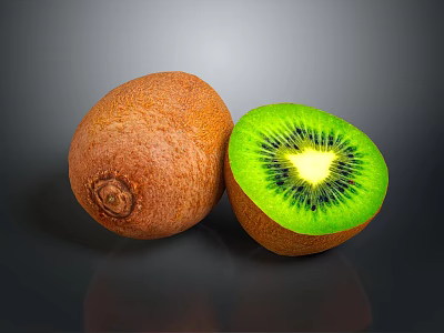 Whole and Halved Fresh Kiwi Fruit with Green Flesh Black Seeds on Dark Background 3d model