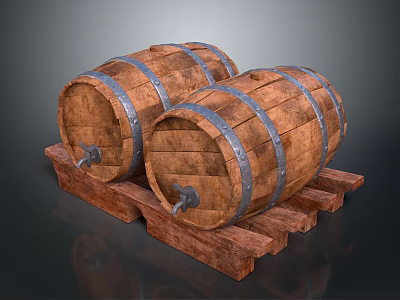 Traditional Wooden Barrels With Metal Hoops On Wooden Stand For Storage 3d model
