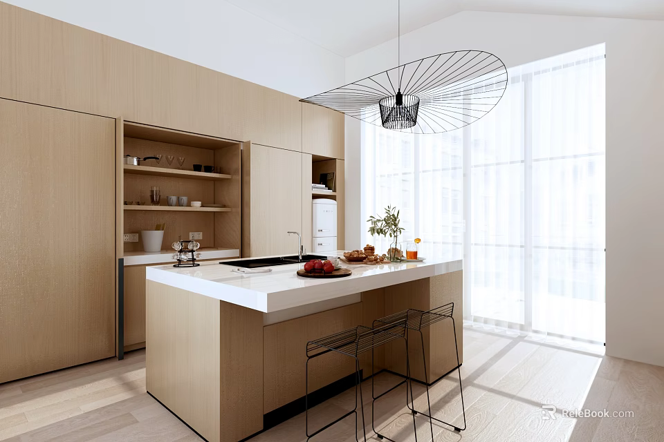 Modern Kitchen With Wooden Cabinets White Countertop Island Black Bar Stools Pendant Light Bright Windows 3d model 